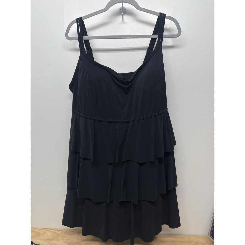 Longitude Triple Tier Swim Dress Soft Cup Tummy Control Slimming 24W Black #59